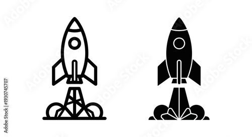 Rocket launch icon symbolizing startup, new project, speed, and innovation. Available in outline and solid fill.