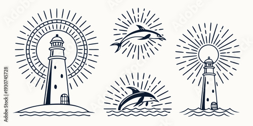 Illustration of a lighthouse and dolphins with sun rays in a circular pattern