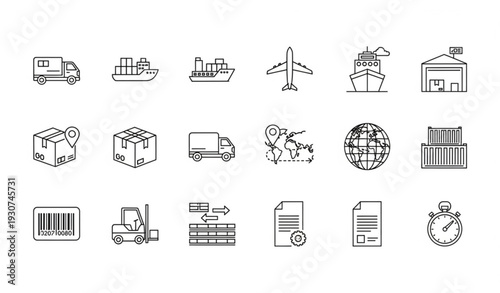 Modern logistics line icons set with shipping delivery freight and supply chain editable vector collection