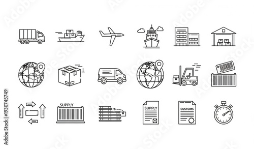 Modern logistics line icons set with shipping delivery freight and supply chain editable vector collection