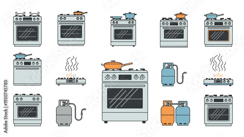 Diverse set of kitchen stove and gas cylinder icons includes various range models and portable cooking burners.