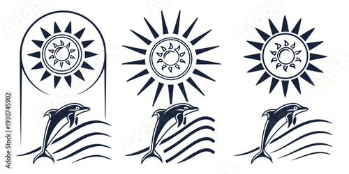 Dolphins leaping through the water with a sun in the background.