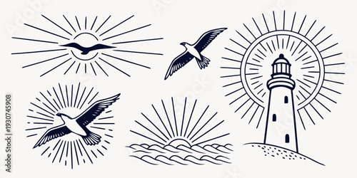 A serene lighthouse with birds in flight and waves crashing against the shore