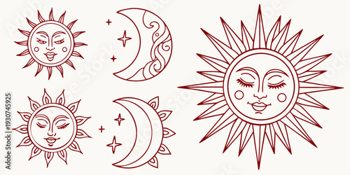 Vibrant celestial illustrations featuring suns and moons in various phases and styles