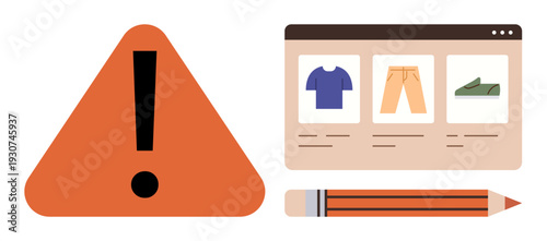 E-commerce, online retail, system errors, shopping cart issues, digital design, user interface. Warning sign next to an online shopping interface and pencil. E-commerce and online retail issues