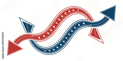 A dynamic and colorful illustration of intertwined red and blue arrows