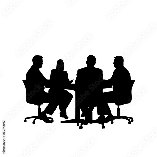 Illustration of silhouette of four businesspeople sitting around a meeting table in office
