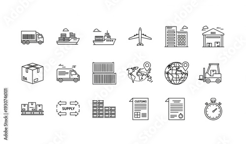 Modern logistics line icons set with shipping delivery freight and supply chain editable vector collection