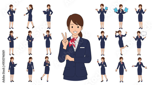 Professional woman in a dark blue business suit is shown in various poses and gestures for a corporate presentation.