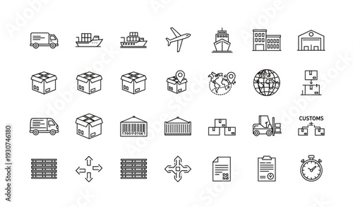 Modern logistics line icons set with shipping delivery freight and supply chain editable vector collection