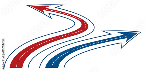 A dynamic illustration of two arrows, one red and one blue, curving and pointing in opposite directions