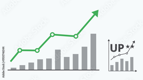 Green arrow and grey bar graph show a strong positive trend labeled with the word up to indicate financial growth.