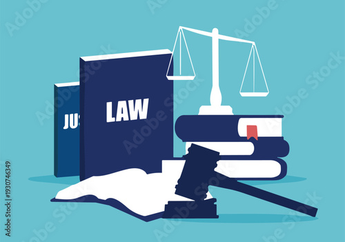 Law and justice concept illustration with gavel, scales, books, legal symbols, professional design for education and advocacy flat vector
