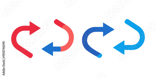 Two curved arrows in red and blue pointing in opposite directions