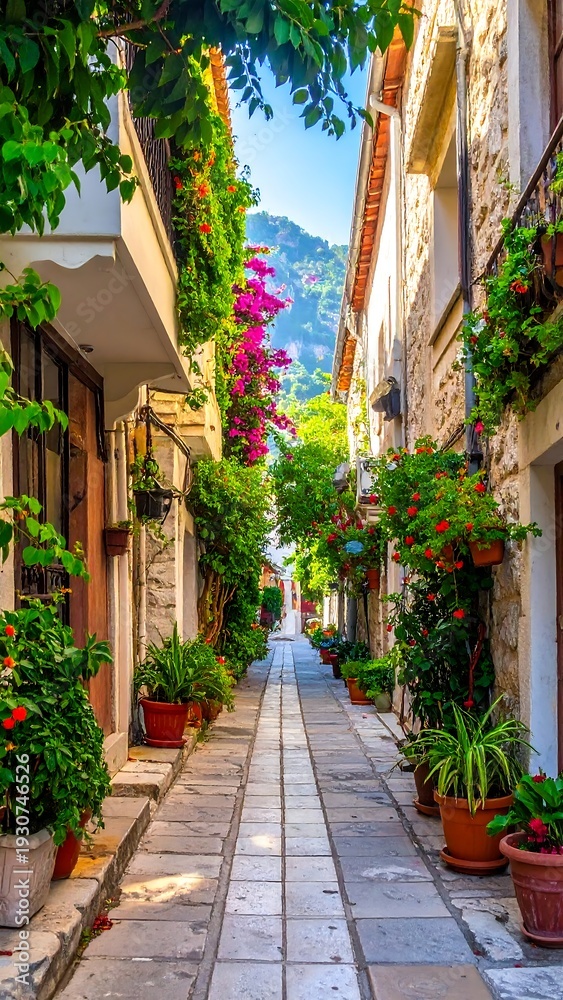 Fototapeta premium Quaint, narrow European alleyway with stone buildings and lush floral decorations