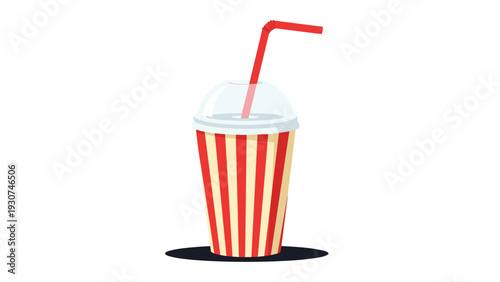 Striped red and white paper cup contains a drink with a clear dome lid and a red straw casting a dark shadow.