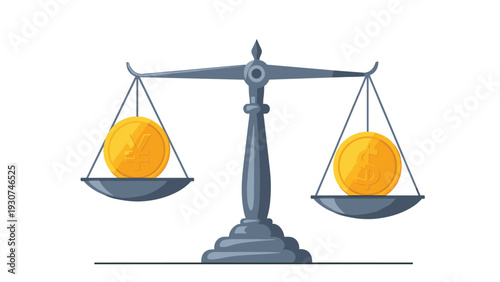 Metal balance scale compares the value of a gold yen coin on one side with a gold dollar coin on the other.