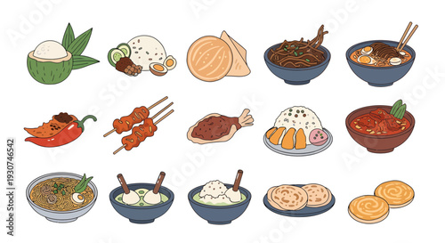 Hand Drawn Malaysian Food and Asian Cuisine Doodle Illustration Set