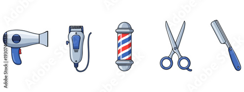 Professional Barber and Hairdressing Tools Set Featuring Clippers, Scissors, and Barber Pole