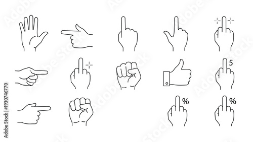 Large set of black and white line drawings depicts various human hand gestures and finger pointing positions.