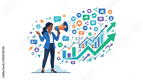 Teamwork Marketing Growth Concept Business Strategy Vector Illustration. Modern flat vector illustration of teamwork marketing growth concept showing business people collaborating to achieve marketing