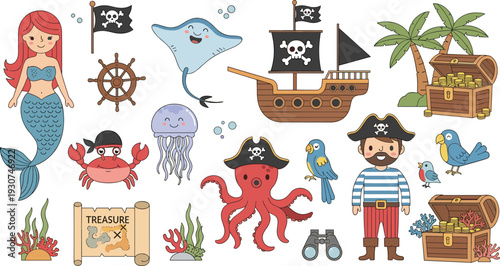 Pirate Adventure Scene with Mermaid, Pirate Ship, Treasure, Octopus, and Sea Creatures for Kids’ Pirate Party, Fantasy, and Ocean-Themed Designs