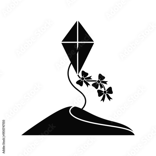 Kite flying on hill vector silhouette, black isolated graphic for spring festival design