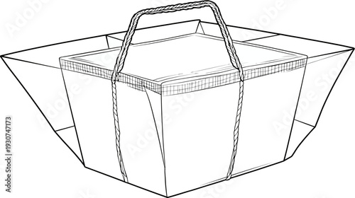 A black and white line drawing of a container with a rope handle