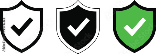 Shield icons with checkmarks in white black and green