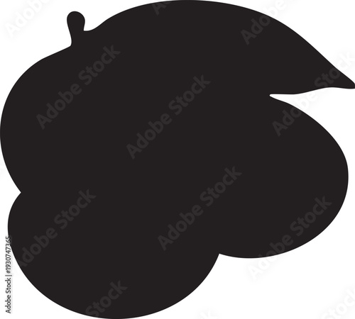 A black silhouette of a pear with a leaf