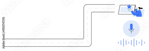 Navigation systems, voice control, digital technology, smart assistants, user experience, interactive tools. Illustration of a road, microphone icon, and a person interacting with a screen