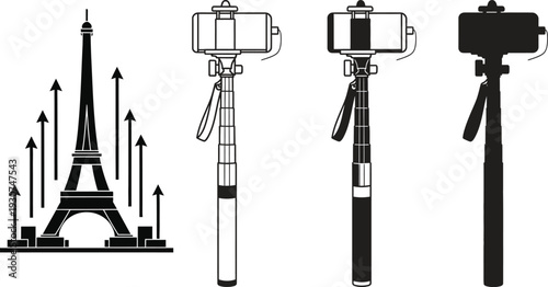 Monopod selfie stick with camera and eiffel tower