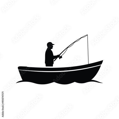 Fishing Boat Silhouette Vector of Man Angling in Rowboat Isolated on White Background