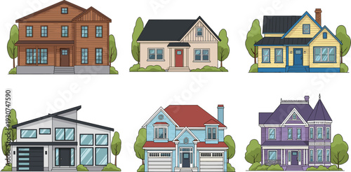 Collection of various residential house styles including modern villa suburban cottage Victorian home and traditional wooden farmhouse for real estate and neighborhood concepts.