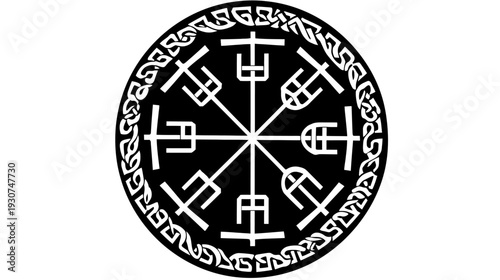 A black and white circular design. An eight-pointed star is at the center, surrounded by runes, knotwork