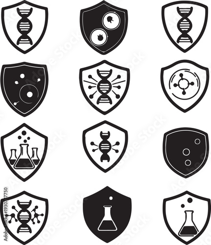 Collection of shield icons representing protection and sciencerelated concepts in a simple design
