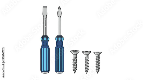Two professional screwdrivers with blue handles stand next to three metal screws of varying sizes against a clean white background.