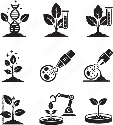 Genetic engineering and biotechnology icons representing plant growth and scientific research in various stages