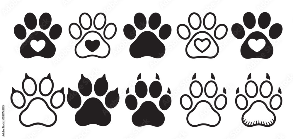 Fototapeta premium Black animal paw prints silhouette set isolated on white background. vector illustration eps 10