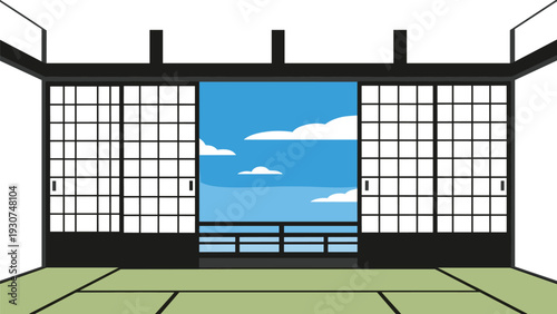 Interior view of a traditional Japanese room with tatami mats looking out through open sliding doors to a bright blue sky with clouds.