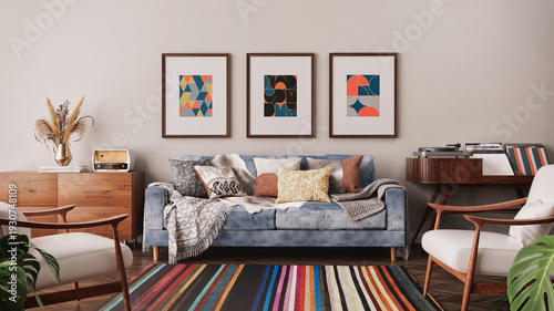 Modern mid-century living room interior with furniture 3D render illustration