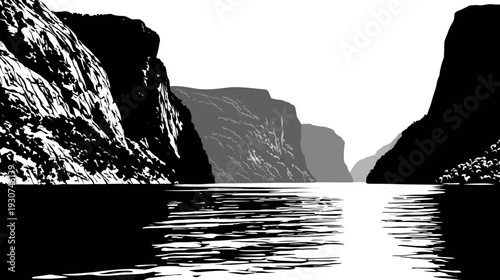 A grayscale illustration of a fjord landscape, featuring mountain cliffs, water, and sky