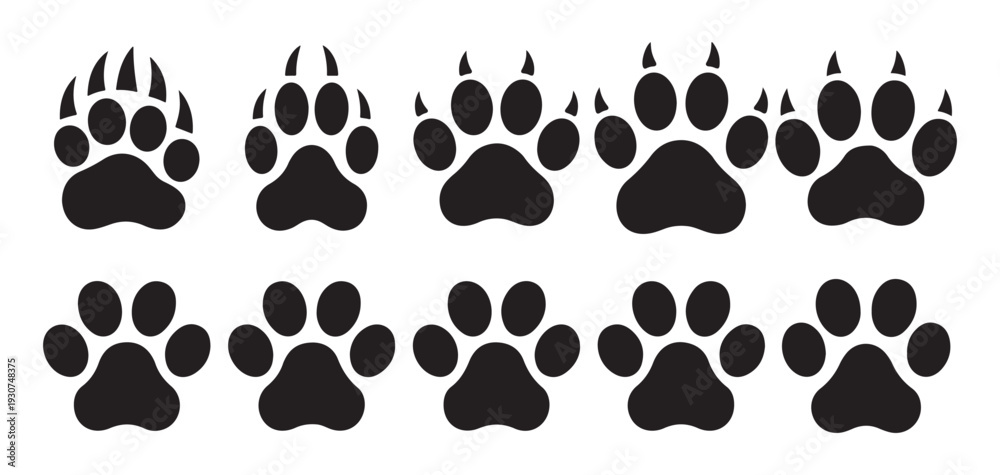 Fototapeta premium Black animal paw prints silhouette set isolated on white background. vector illustration eps 10