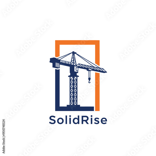 Tower crane within a rectangular frame logo for skyscraper construction SolidRise