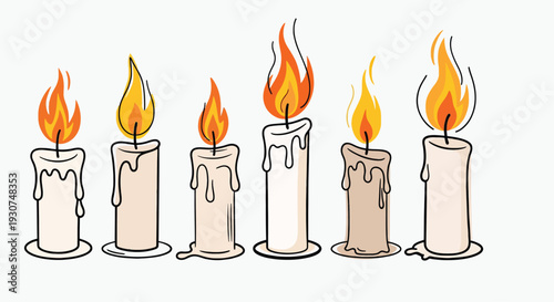 A row of six burning candles with varying wax drip patterns