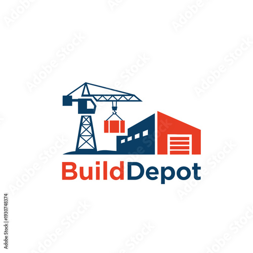 Tower crane and industrial warehouse logo for construction supply BuildDepot