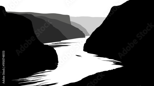 A grayscale illustration of a canyon scene with a river flowing between steep cliffs
