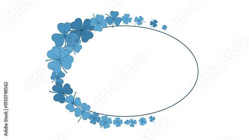 Beautiful oval frame composed of various blue clovers and shamrocks creates a nature-themed border for seasonal greetings or messages.