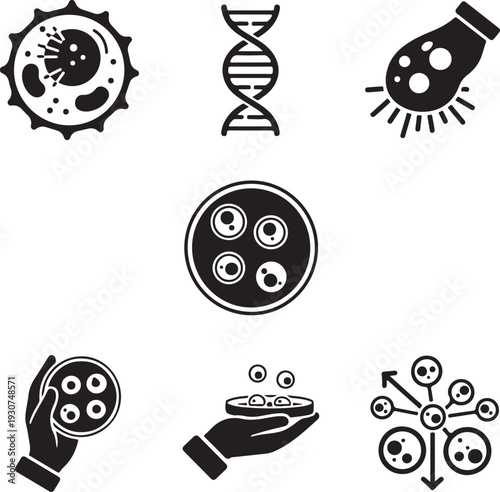 Set of simple icons representing microorganisms and laboratory procedures in science and research work