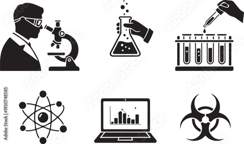 Scientific research icons collection featuring laboratory equipment and symbols isolated on transparent background